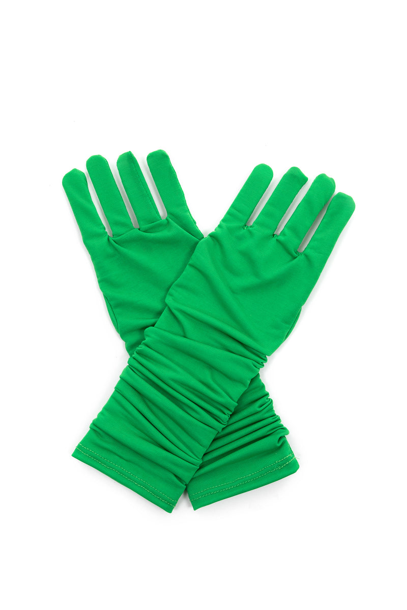 slim fit dress slacks Lime green draped dress in silk foiled tulle and gloves main image 0