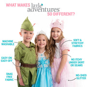 Little Adventures dress-ups are machine washable, easy on and off, with snag-free, soft stretchy fabrics, no itchy underskirts or seams, and no-shed glitter.